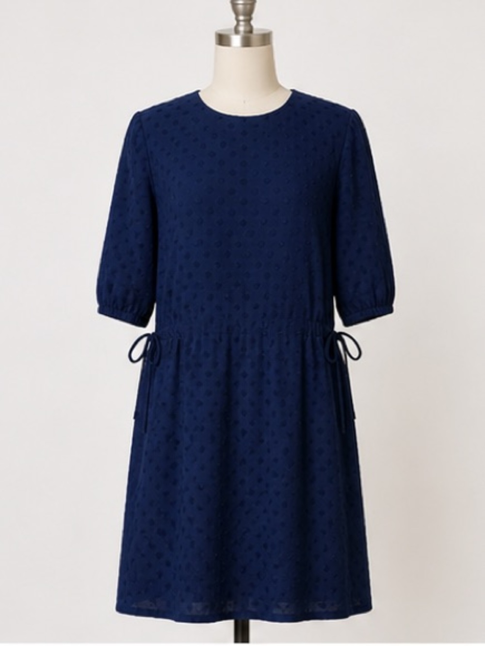 Sandro Lori navy dot dress crew neck half sleeves ties at waist Size 3 / L - Picture 4 of 11